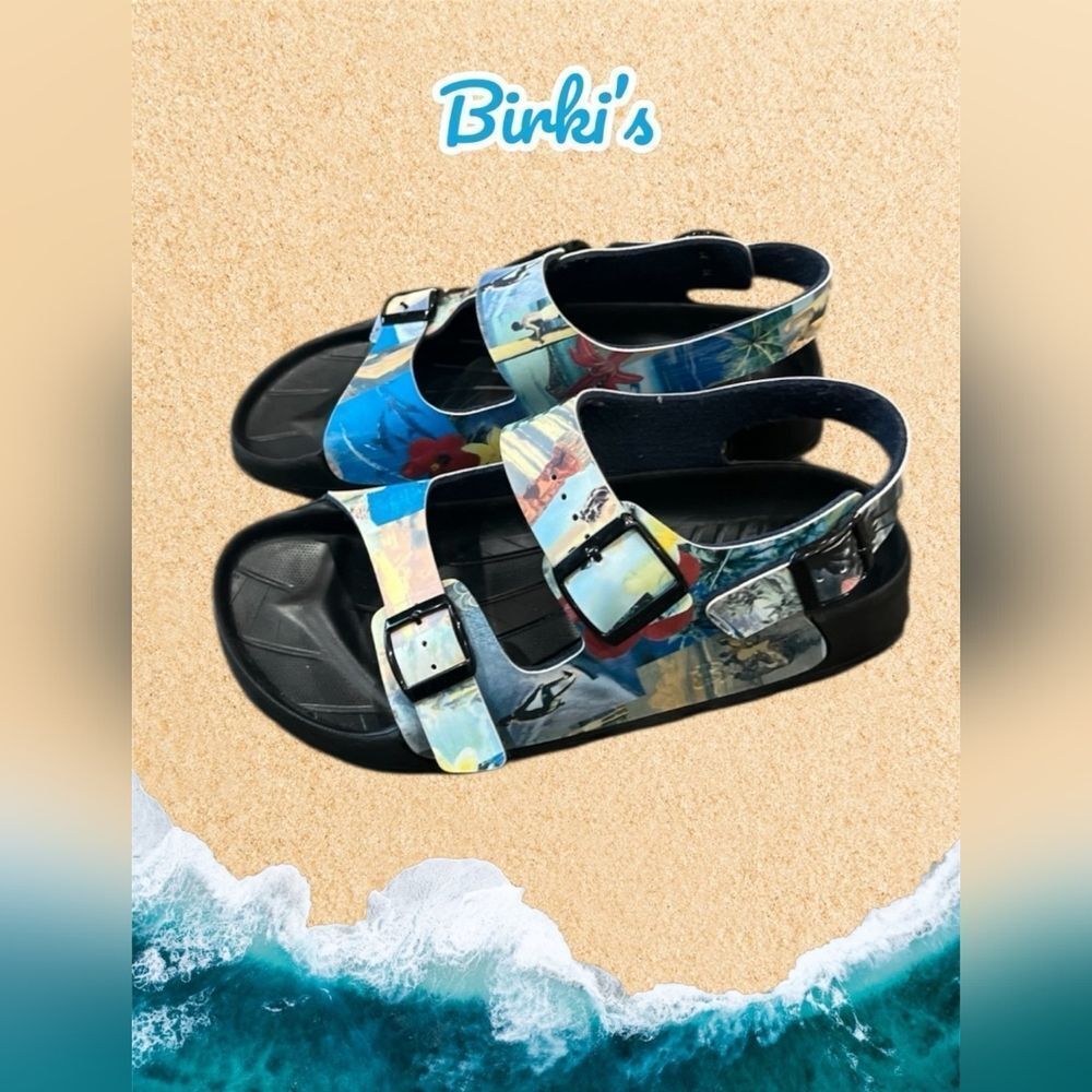 BIRKI’S by BIRKENSTOCK Colorful Hawaiian Print Tiki Beach Sandals sz 42 Or 9-9.w